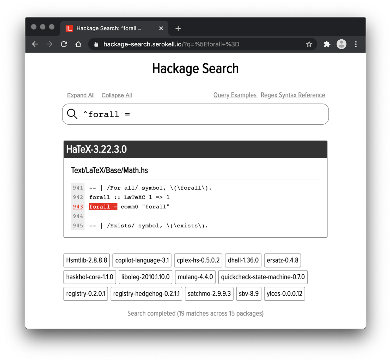 Hackage Search screenshot with a query